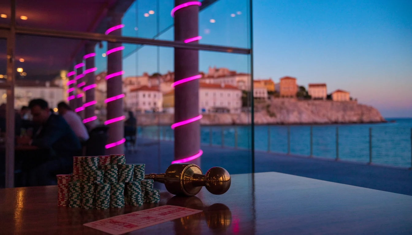 Moderni kazino lounge s hrpom žetona i klasičnim automatom za igre na sreću uz pogled na hrvatsku obalu.