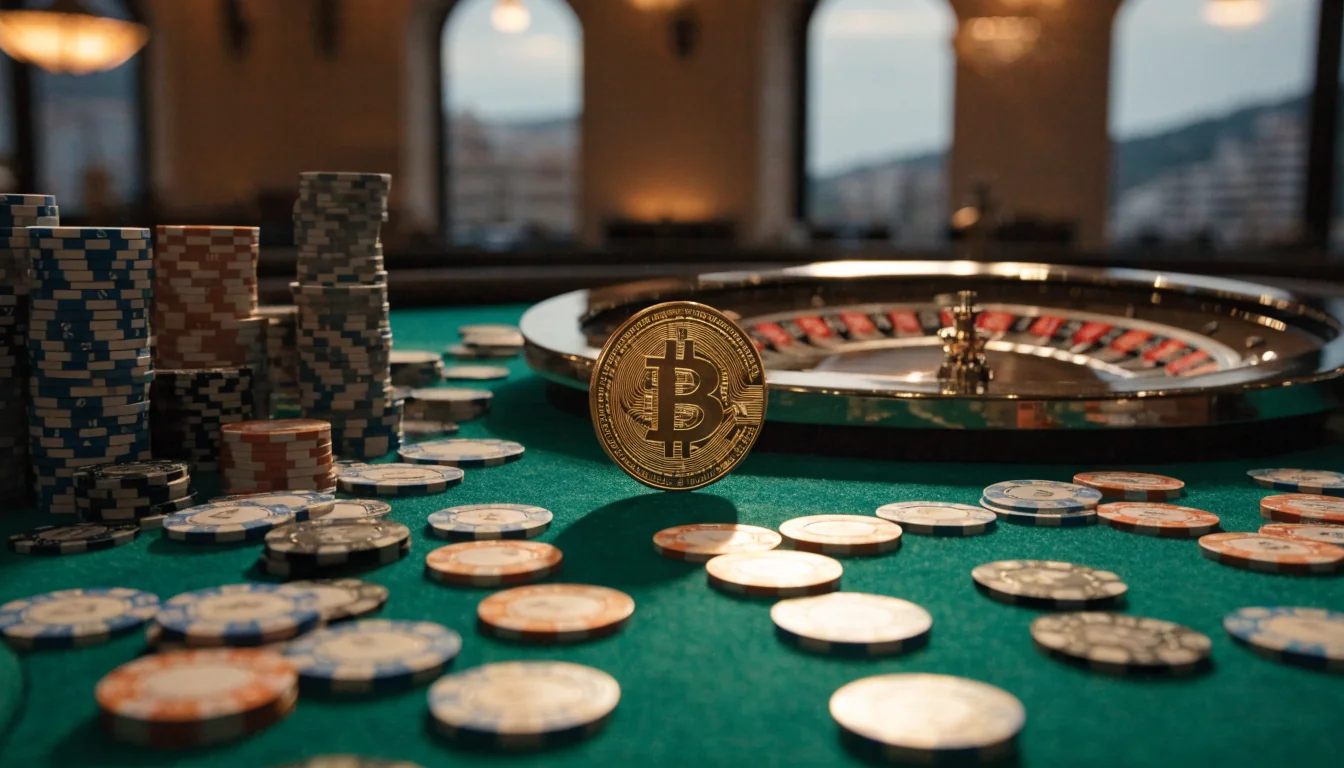Zlatni Bitcoin na zelenom stolu za kockanje uz čipove i rulet