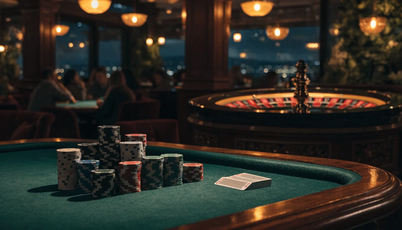 Stol za blackjack u elegantnom hrvatskom casinu noću