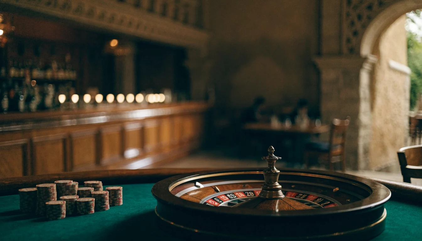 Elegantni interijer kasina s roulette stolom i žetonima