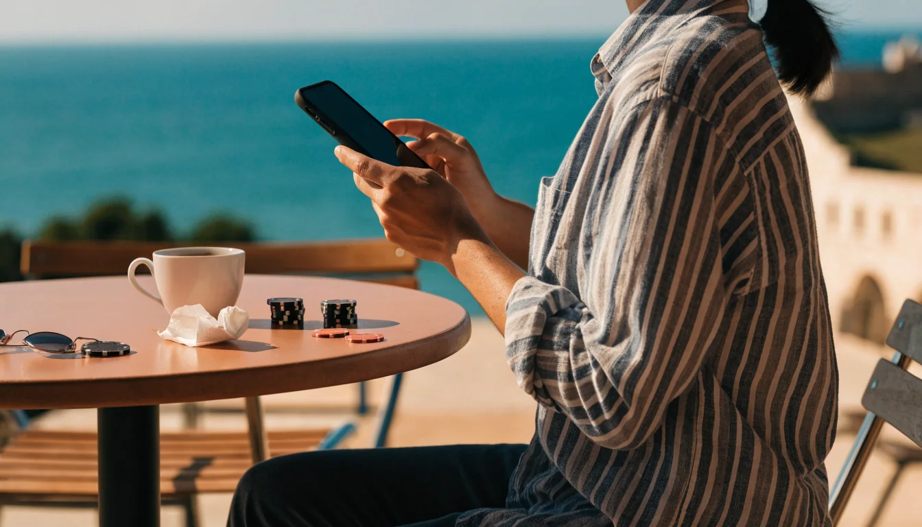 Osoba na terasi u Hrvatskoj s pametnim telefonom i žetonima