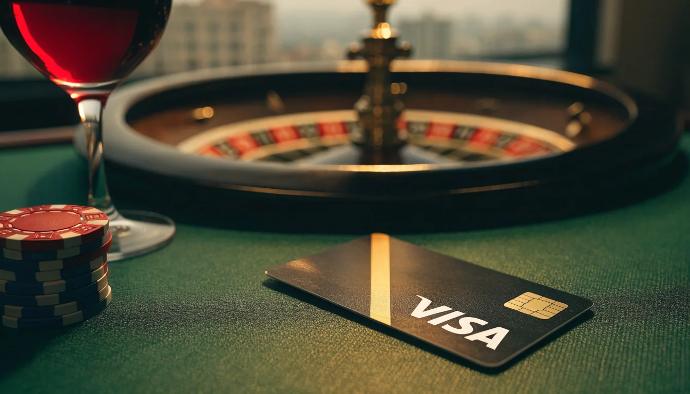 Visa kartica na stolu casina uz čipove i rulet