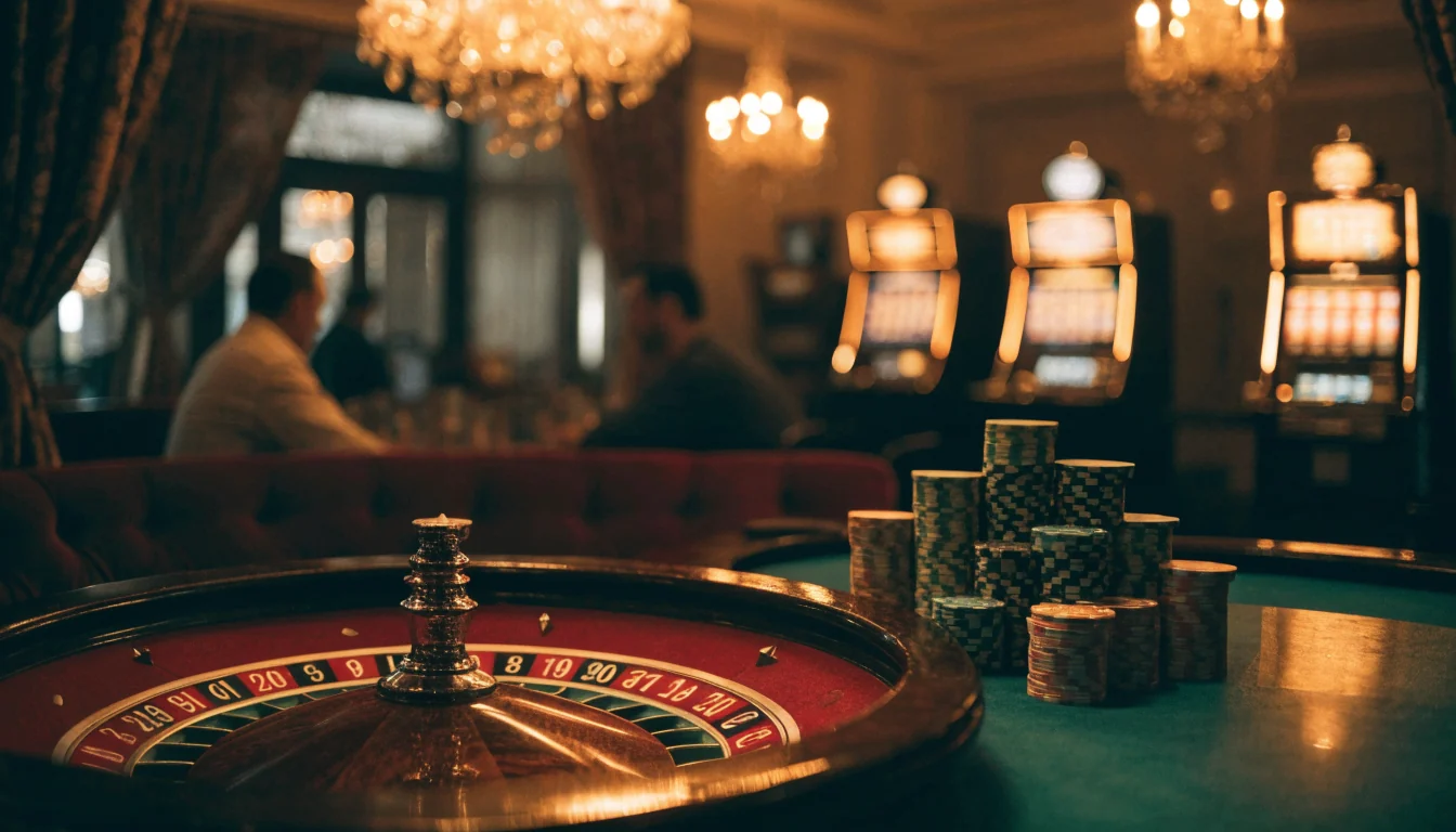 Elegantno hrvatsko casino noću s ruletom i žetonima na stolu