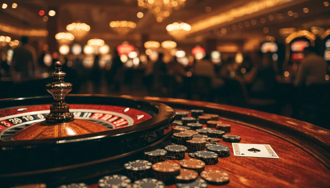 Elegant casino interijer s ruletom i žetonima na stolu