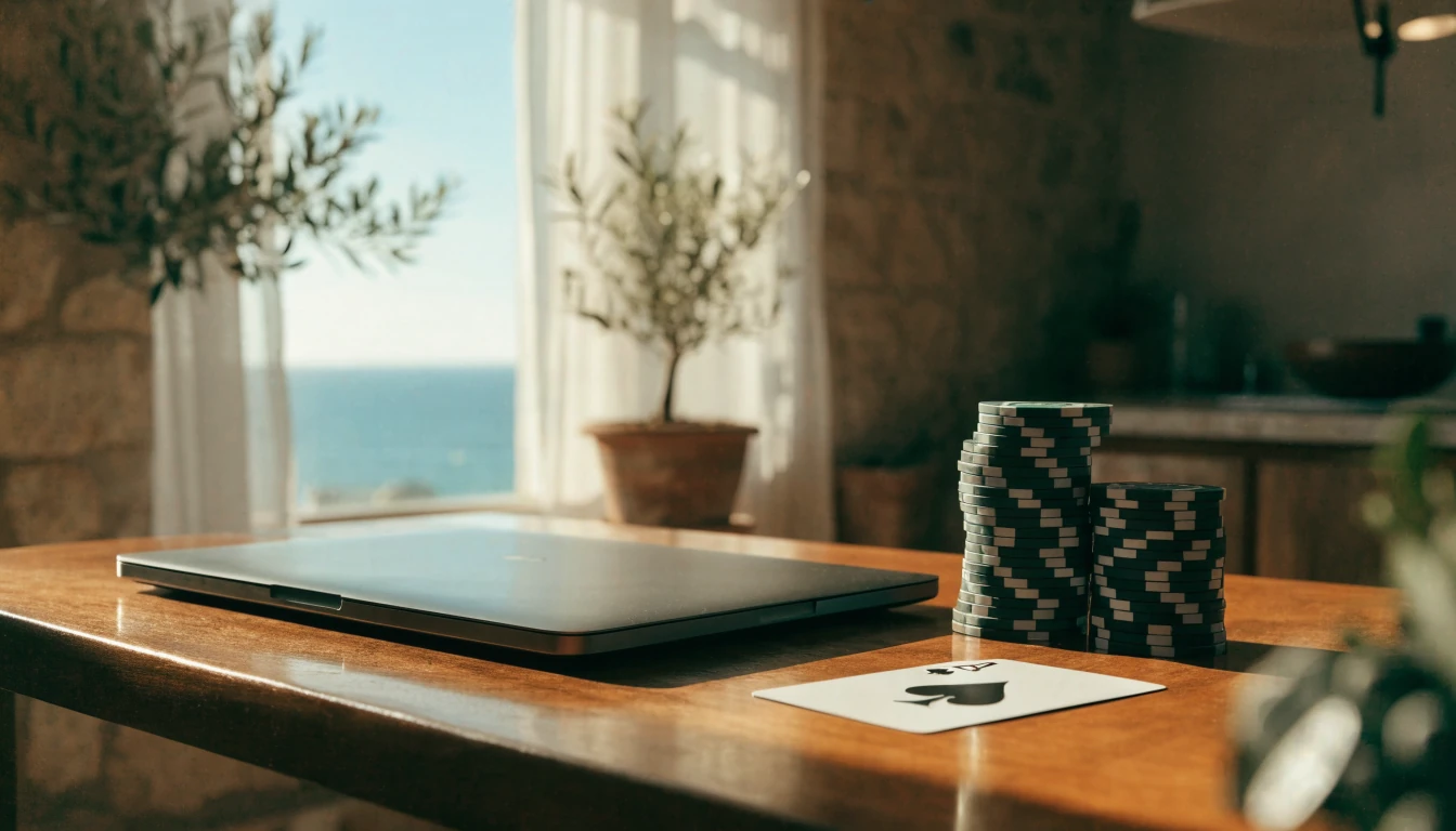 Prijenosno računalo s kockarskim žetonima na stolu u mediteranskom apartmanu uz more