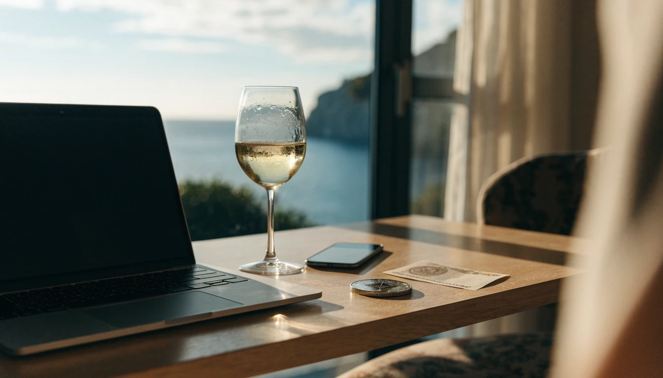 Stol s laptopom, Ethereum kovanicom i hrvatskim novčanicama uz pogled na more