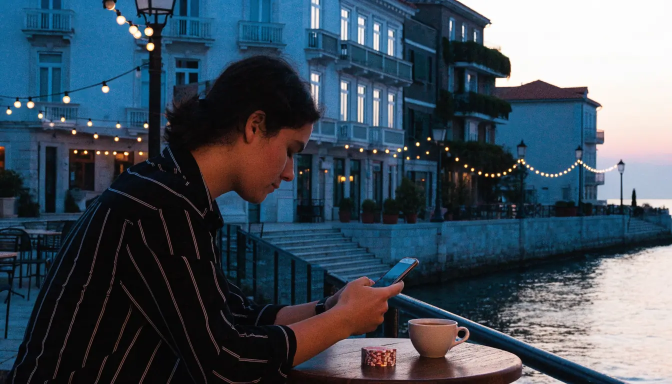 Osoba uz smartphone i žetone za poker na kafiću uz jadransku obalu