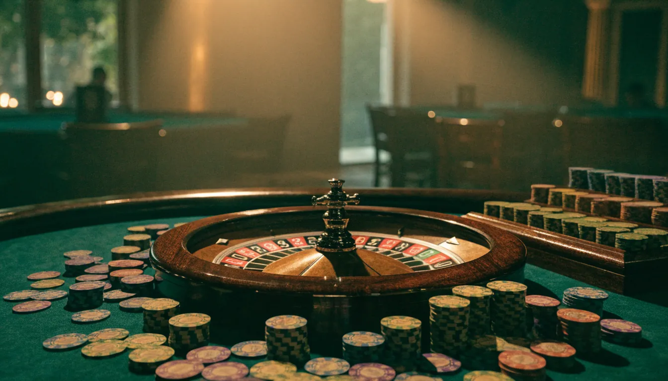 Roulette kotač i žetoni na zelenom stolu