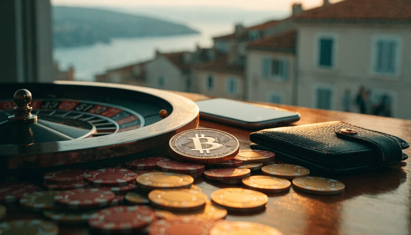 Stol s ruletom i Bitcoinom na pozadini hrvatskog primorskog grada