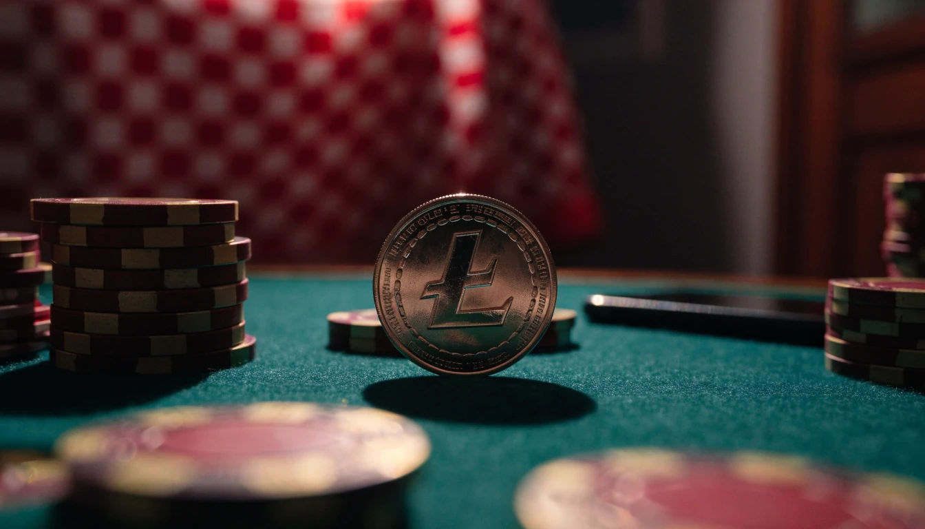 Zlatnik Litecoin na zelenom stolu kasina s žetonima i hrvatskim uzorkom u pozadini