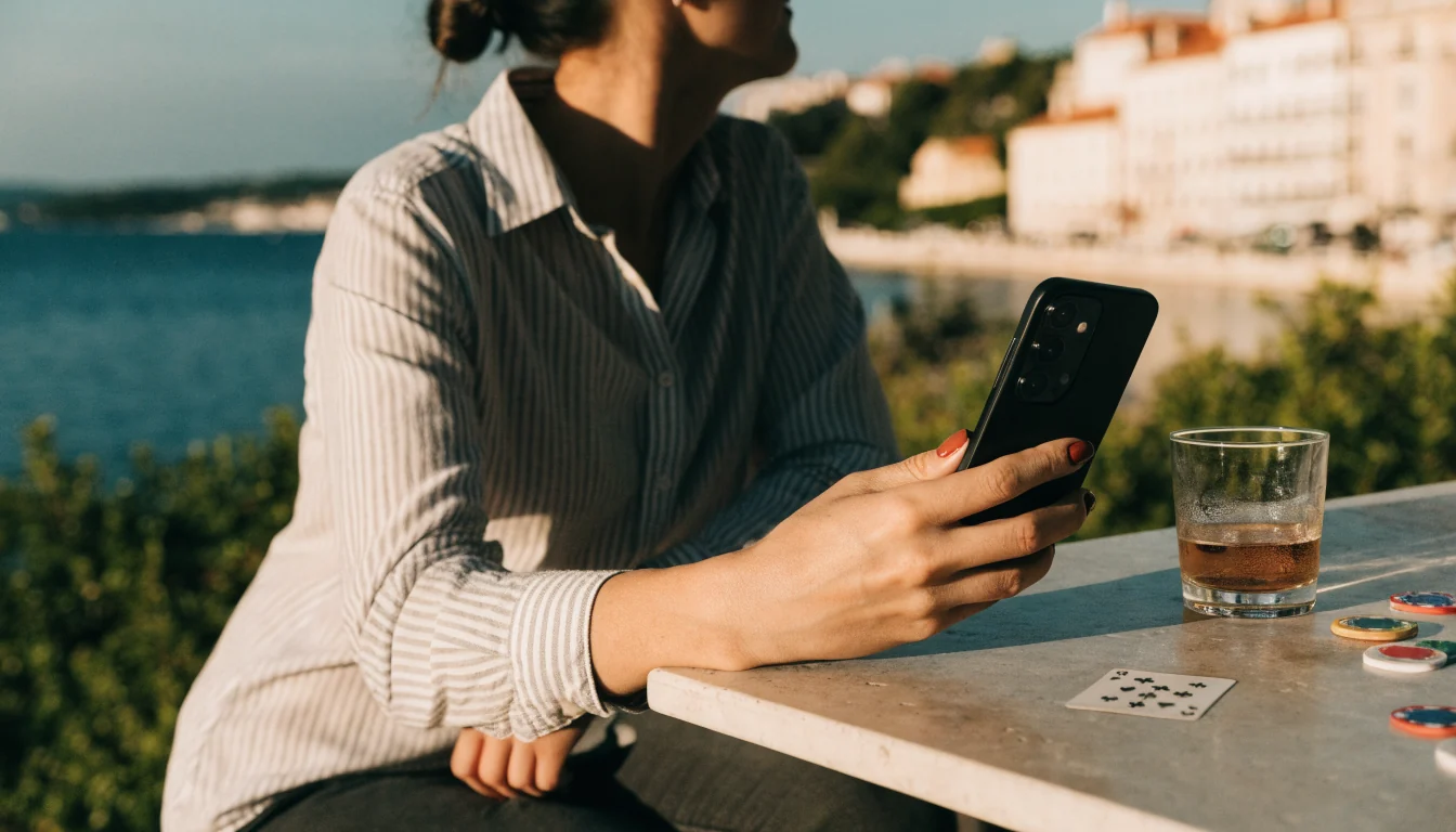 Osoba drži pametni telefon na terasi uz more u Splitu