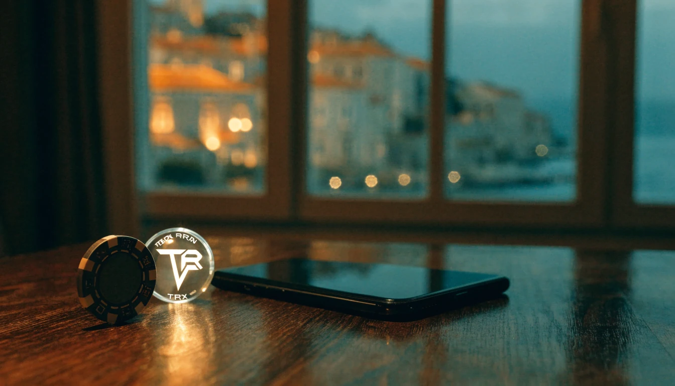 Kovanica TRON-a i casino žeton na stolu uz Zadar noću